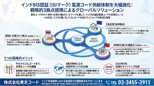【お知らせ】インドBIS認証（ISIマーク）電源コードの供給体制を大幅強化