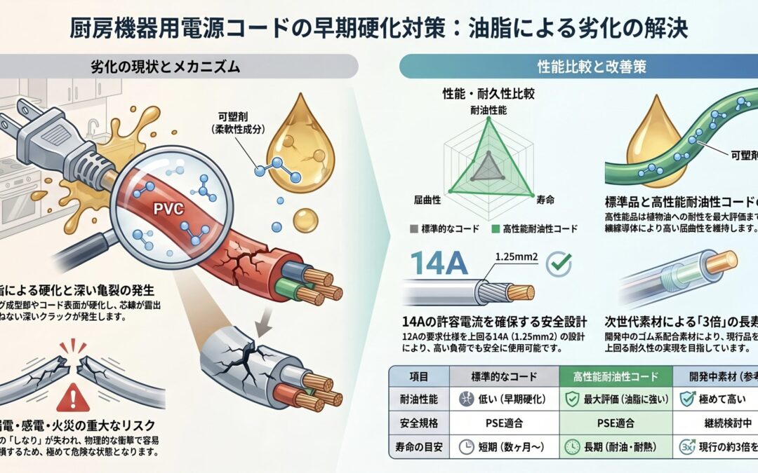 厨房環境で発生する電源コード硬化の原因と当社の取り組み