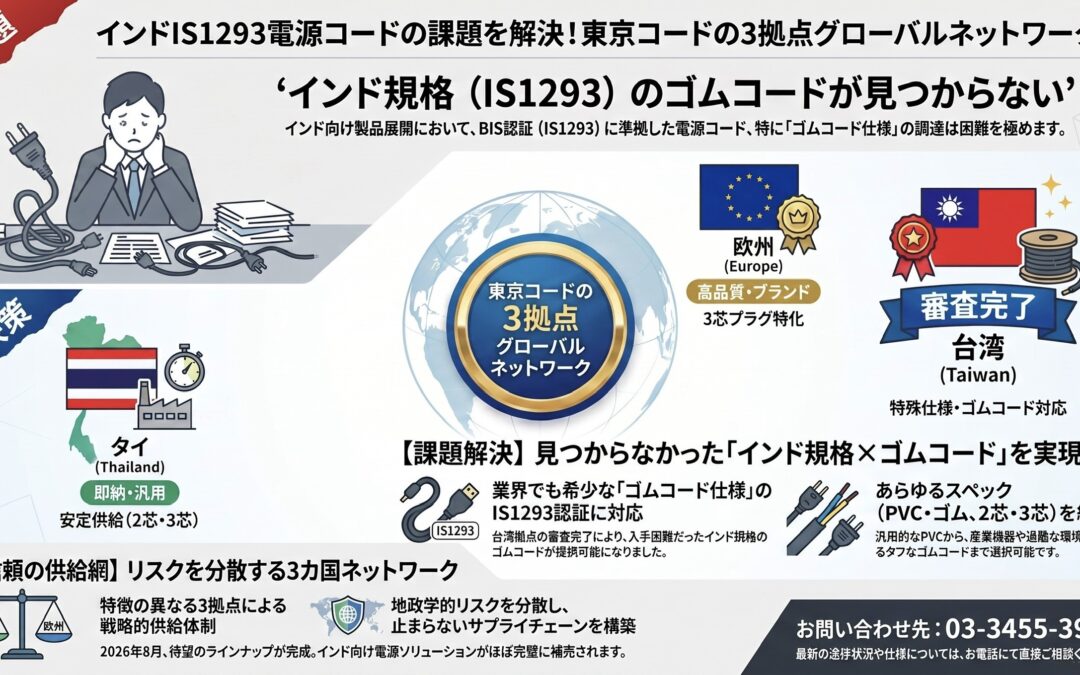 “インド規格でゴムコードが見つからない”を解決する東京コードの3拠点ソリューション